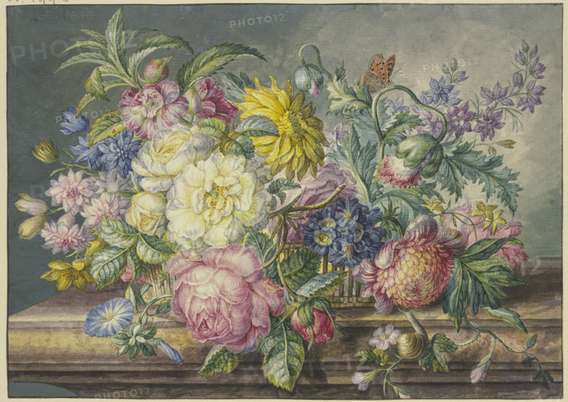 Bouquet in a basket, with a snail and a butterfly. Creator: Oswald Wijnen.