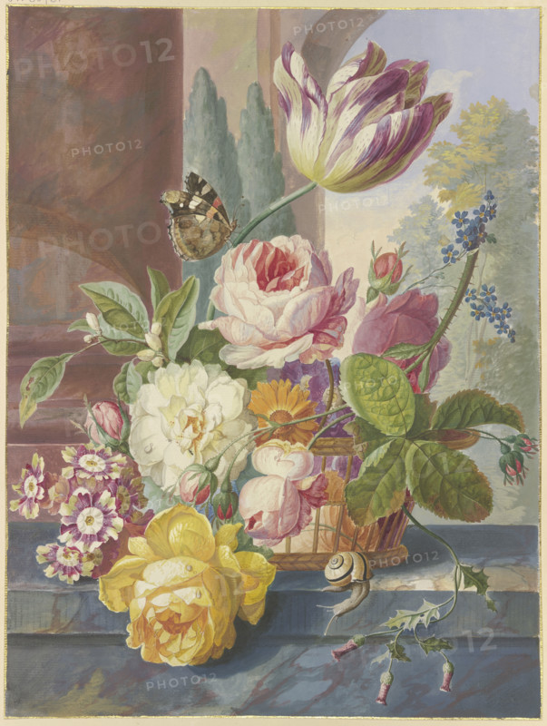 A bouquet of flowers in a basket, a butterfly on a tulip, a snail in the foreground, 1781. Creator: Johannes Christianus Roedig.