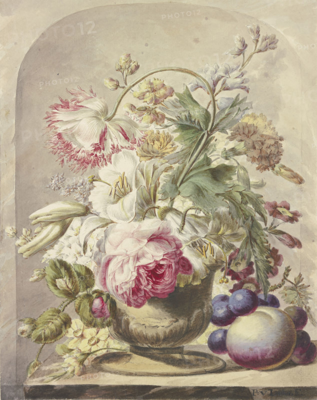 Bouquet in a vase, a peach and some grapes in the front right, 18th century. Creator: J. H. van Loon.