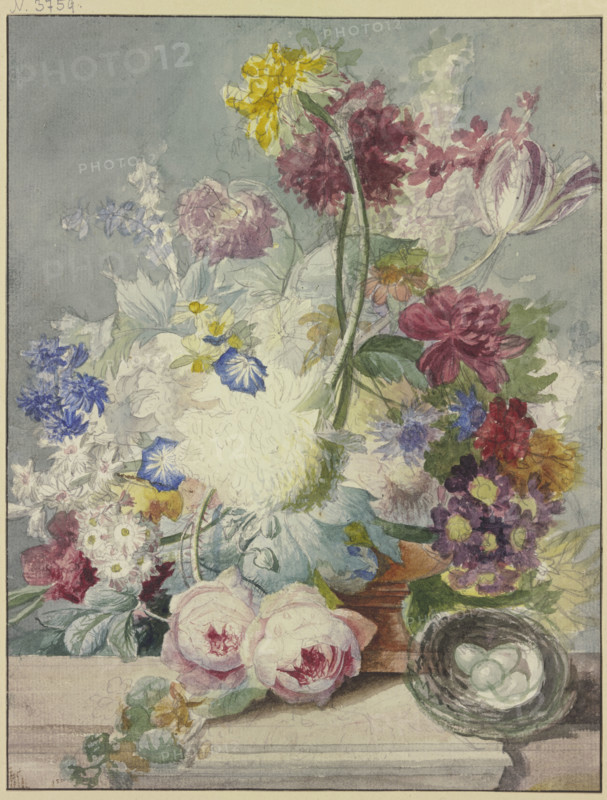 Bouquet, with a bird's nest with eggs. Creator: Paul Theodor van Brussel.