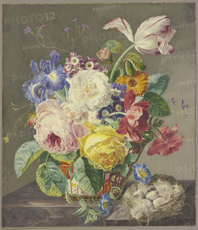 Still life of flowers with birds' eggs, 1733. Creator: Jan van Huysum.