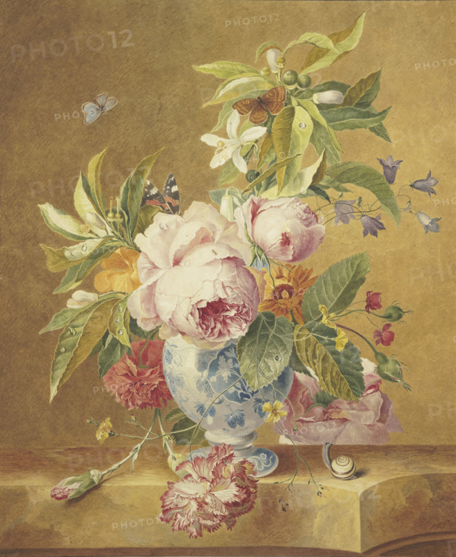 A bouquet of flowers in a blue vase with three butterflies, a snail in the foreground..., 1756. Creator: Jan Matthias Kok.