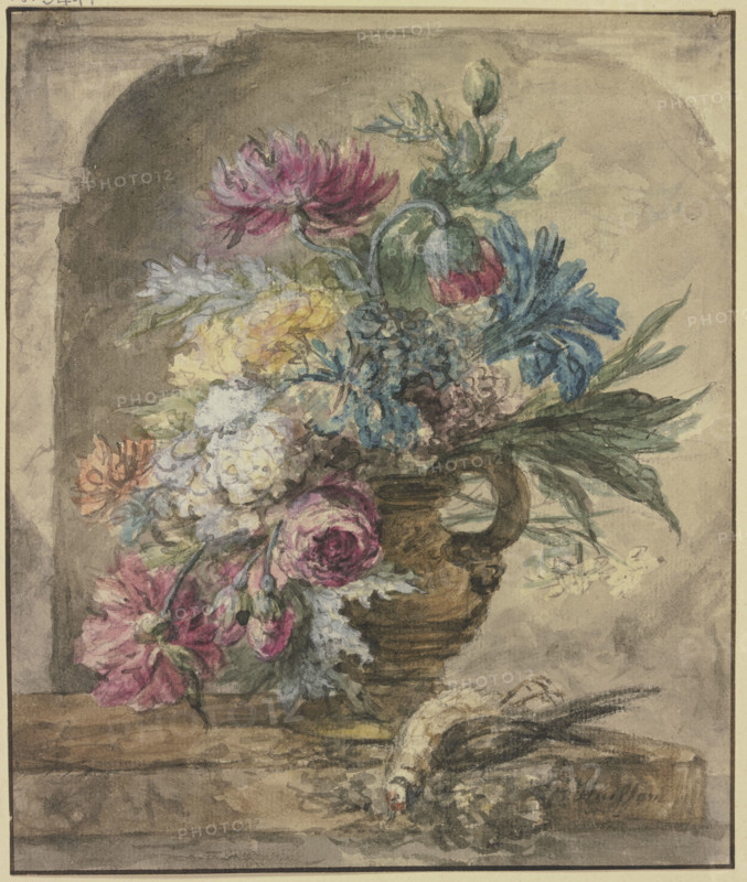 Bouquet of flowers, with a dead bird, early-mid 18th century. Creator: Jan van Huysum.