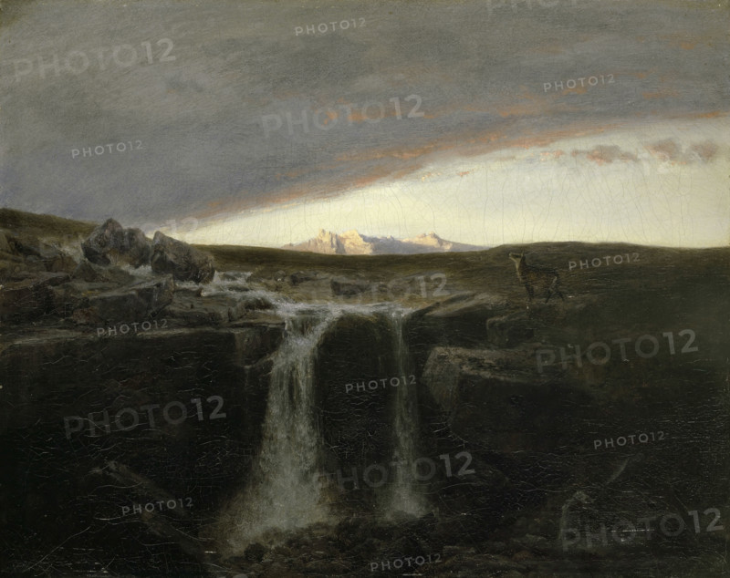 Mountain Landscape with Waterfall, 1849. Creator: Arnold Bocklin.