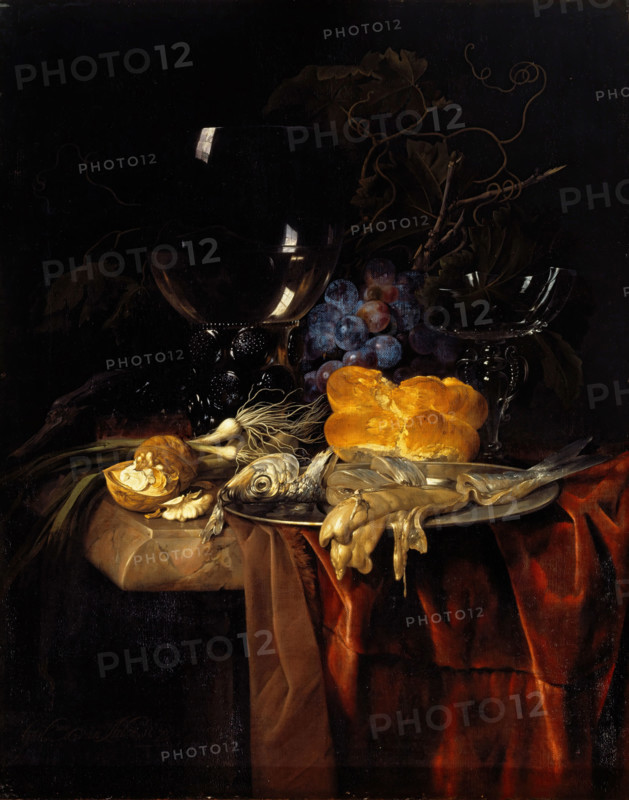 Still life with a roemer, fish, bread, walnuts, onions and grapes on a dark cloth, 1679. Creator: Willem van Aelst.