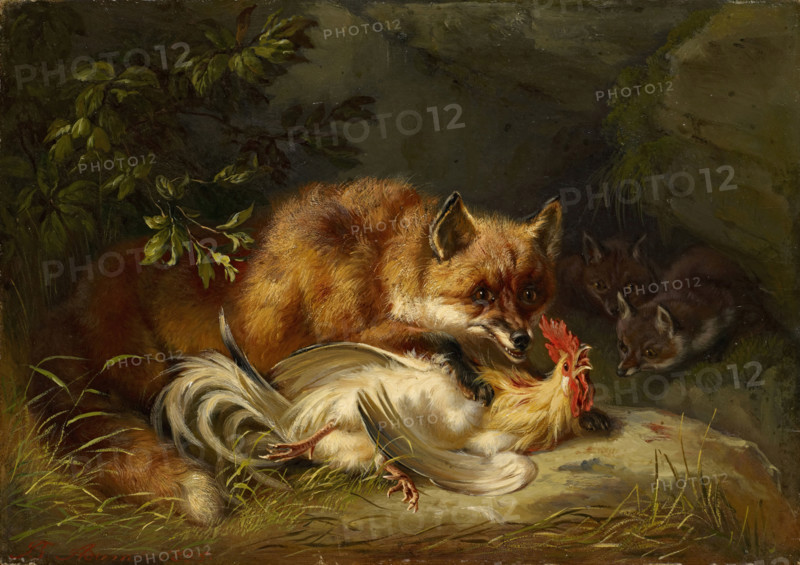 Fox Attacking a Cock, 1855. Creator: Benno Adam.