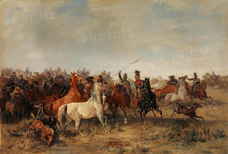 Ulans rob Honved-Hussars a Herd of Horses, 1864. Creator: Franz Adam.
