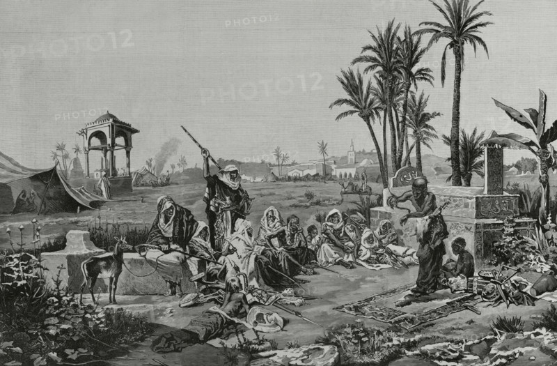 Arabic customs: a snake charmer, 1883. After a painting by the Spanish artist Echena.  Creator: Arturo Carretero y Sánchez.