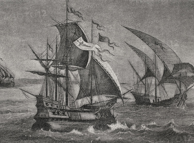 The three ships of Columbus: the caravel Niña, the caravel Pinta, and the carrack Santa María, 1892. Creator: Unknown.