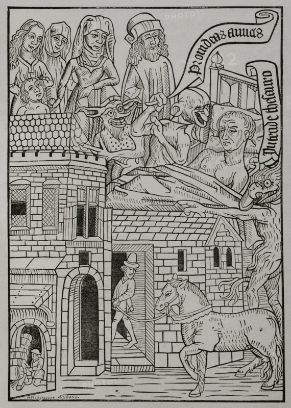 Medieval allegory of the temptation to avarice..., 1415, (1877).  Creator: Unknown.