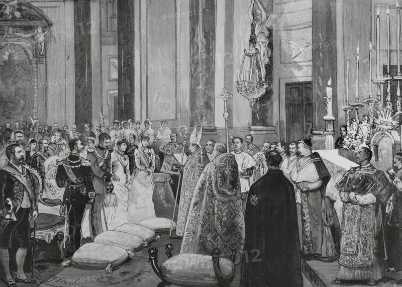 Ceremony of the nuptial blessing in the Royal Chapel of Infanta María de la Paz of Spain, 1883. Creator: Eugenio Vela.