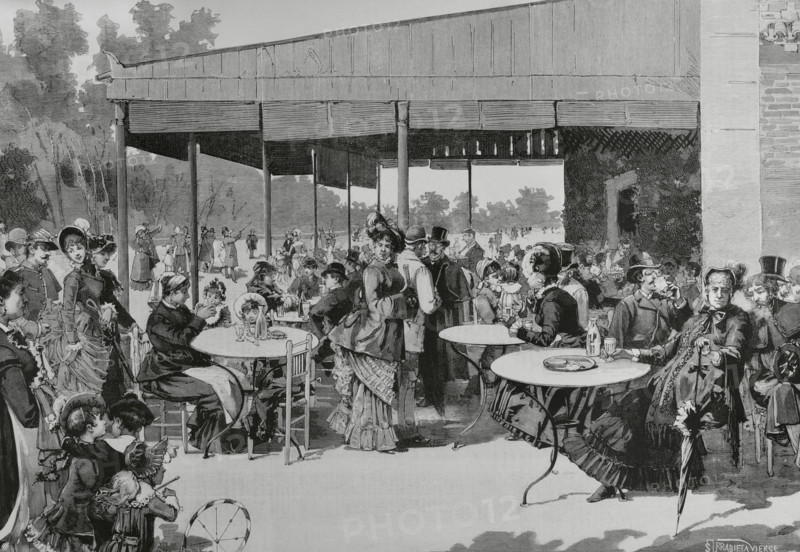 Scene at Retiro Park, featuring elegantly dressed people enjoying the afternoon, Madrid, Spain,1883. Creator: Bernardo Rico.