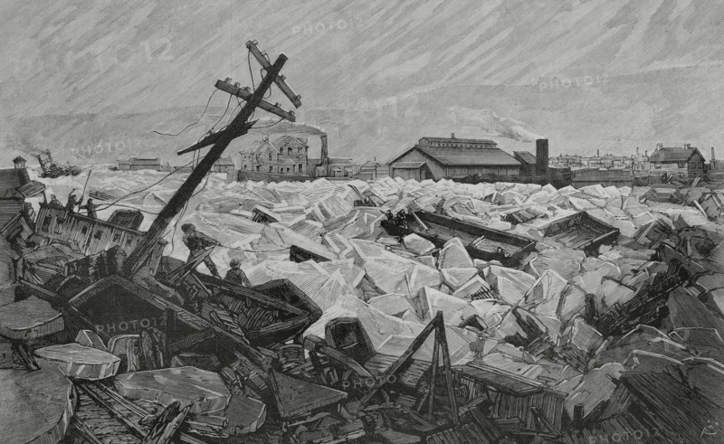 Invasion of Herr's Island, (Pittsburgh) by water and ice floes from the Alleghany River, Feb 1883. Creator: Bernardo Rico.