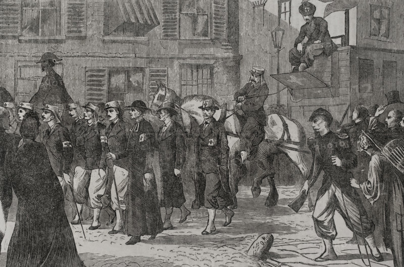 Franco-Prussian War (1870-1871): French press ambulance corps passing through Rheims, 1870. Creator: Unknown.