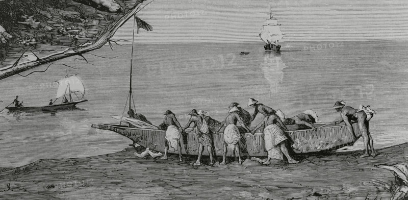 Bubis launching a canoe into the water, Concepcion Bay, Fernando Poo Island, Spanish Guinea, 1883.  Creator: Tomás Carlos Capuz.