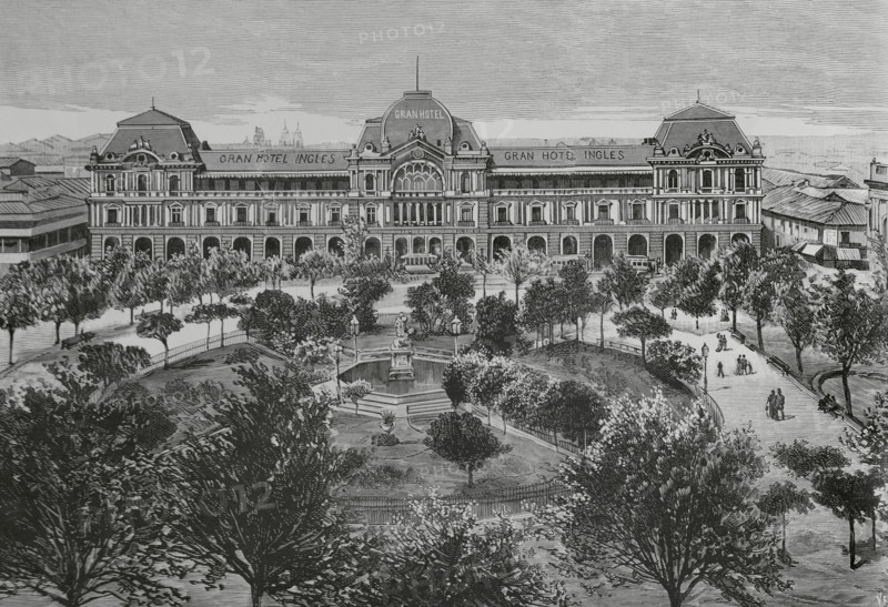Panoramic view of the Plaza de Armas and main façade of the Gran Hotel Inglés, Santiago, Chile,1883. Creator: Eugenio Vela.