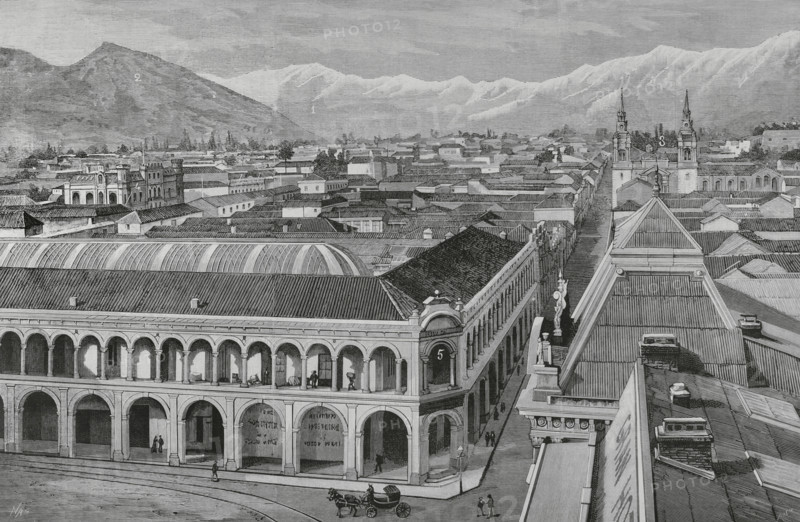 Partial view of the city and the nearby hills, Santiago, (Santiago de Chile), Chile, 1883. Creator: Bernardo Rico.
