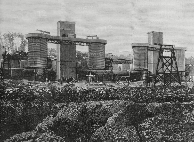 View of the furnaces, iron foundry known as 'La Mudela', Spain, 1883. Creator: Bernardo Rico.