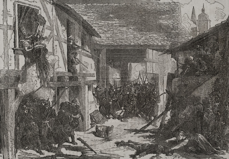 Franco-Prussian War (1870-1871): Battle of Wissembourg, 1870 -  Peasants defending a farmhouse,1870. Creator: Unknown.