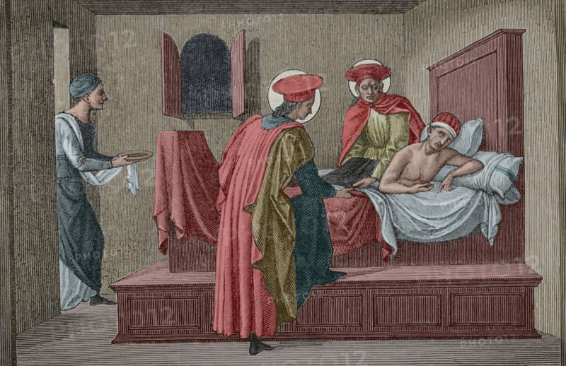 Saint Cosmas and Saint Damian visiting a sick person and administering aid, 3rd cent (1877). Creator: Etienne Huyot.