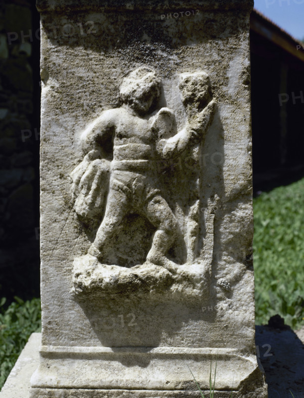 Relief of a Retiarius, type of Roman gladiator, Aphrodisias (Anatolia, Turkey), 2000.  Creator: LTL.