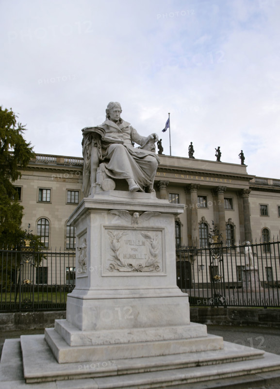 Marble statue of Wilhelm von Humboldt at the entrance to Humboldt University, Berlin, Germany, 2025. Creator: LTL.