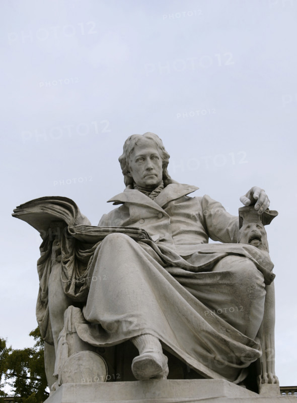 Marble statue of Wilhelm von Humboldt at the entrance to Humboldt University, Berlin, Germany, 2025. Creator: LTL.