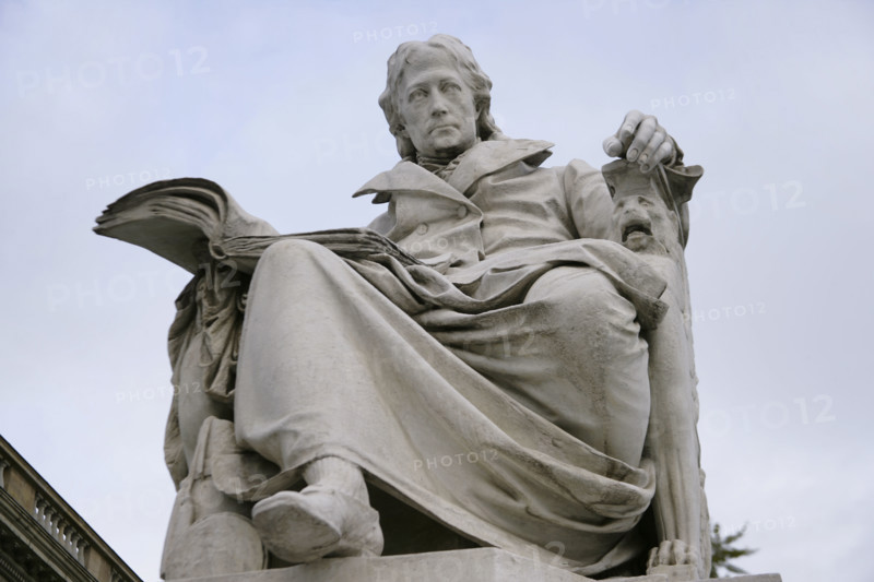 Marble statue of Wilhelm von Humboldt at the entrance to Humboldt University, Berlin, Germany, 2025. Creator: LTL.