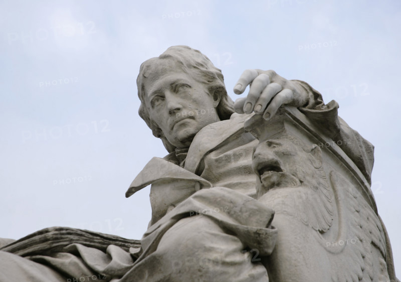 Marble statue of Wilhelm von Humboldt at the entrance to Humboldt University, Berlin, Germany, 2025. Creator: LTL.