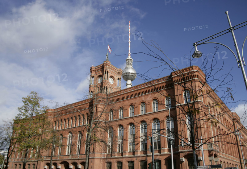 Architectural detail, Red Town Hall, (Rotes Rathaus) from Spandauer Strasse, Berlin, Germany, 2025.  Creator: LTL.