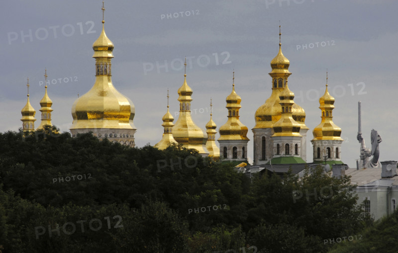 Exterior view of the thirteen golden onion domes, Saint Sophia Cathedral, Kiev, Ukraine, 2011.  Creator: LTL.