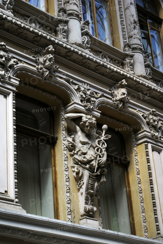 Facade and statues, "The Passage", hotel and mall, Odessa, Ukraine, 2011.  Creator: LTL.