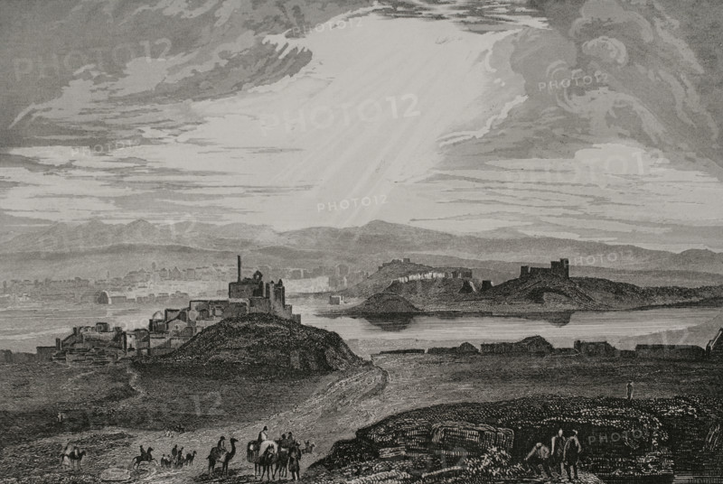 Panoramic view of the city alongside the Tigris River, Nineveh, (near present-day Mosul...), 1840. Creator: Aubert.