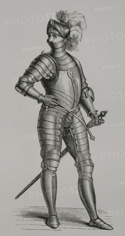 Knight in armour, 1590, (1877). Engraving from a design by Cesare Vecellio (c1521-c1601). Creator: Unknown.