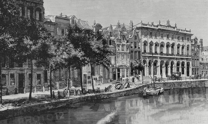 Nieuwezijds Voorburgwal street and canal with the Royal Post Office, Amsterdam, Netherlands, 1883.  Creator: Tomás Carlos Capuz.