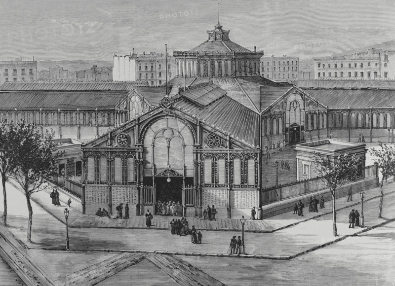 Exterior view of the new San Antonio Market, Barcelona, Catalonia, Spain, 1883. Creator: Eugenio Vela.