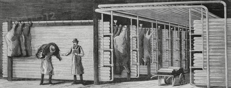 Application of cold to industry, Raoul Pictect system, cool room for meat, Chicago, US, 1883.  Creator: Unknown.