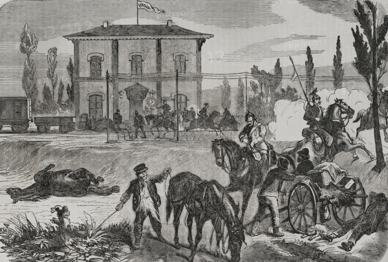 Franco-Prussian War (1870-1871): The Germans at Courcelles, according to a sketch by O. Fikentscher. Creator: Unknown.