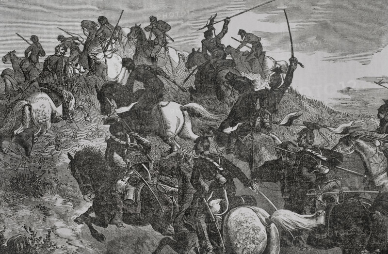 Franco-Prussian War (1870-71): Engagement between Uhlans and French Chasseurs d'Afrique, Aug 1870.  Creator: Unknown.