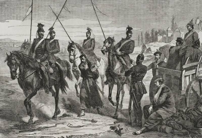 Franco-Prussian War (1870-1): Prussian Uhlans lead a captured French spy to the camp near Metz,1870. Creator: Tomás Carlos Capuz.