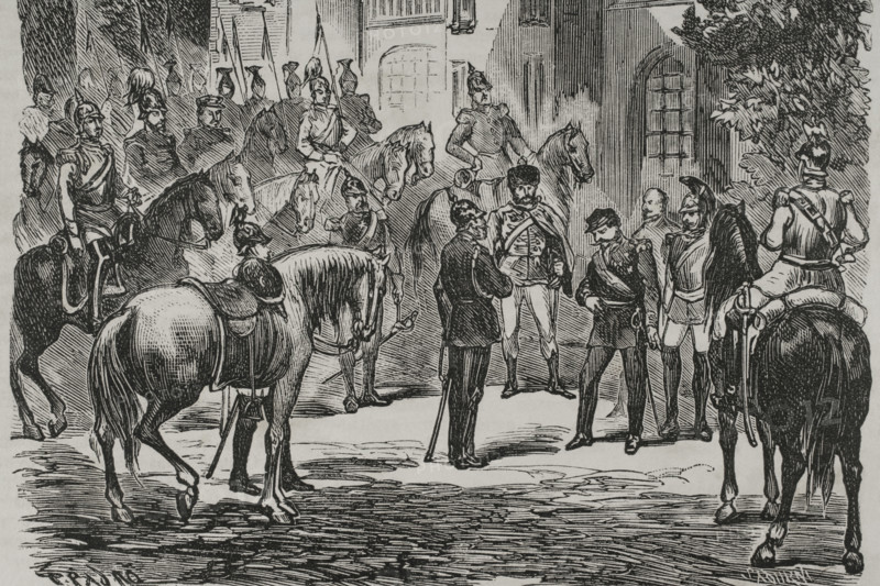 Franco-Prussian War: Napoleon III surrendering to King Wilhelm I of Prussia...1870, (1870). Creator: Celestino Sadurni.