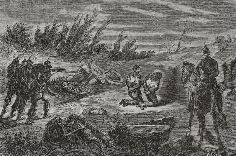 Franco-Prussian War (1870-71): Night execution of two men, caught...marauding a Prussian camp, 1870. Creator: Ribas.