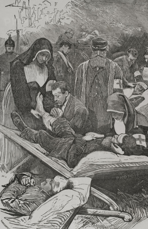 Franco-Prussian War (1870-1871): Prussian ambulances tending the wounded soldiers, Sep 1870 (1870).  Creator: Unknown.
