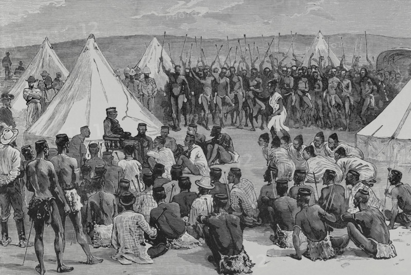 King Cetewayo receiving a deputation of his relatives at Intonyanene, 1883.  Creator: Unknown.