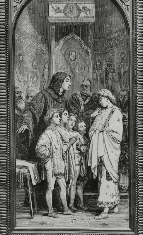 Monk Guido of Arezzo rehearsing in front of Pope John XIX (d1032), 1883.  Creator: Unknown.