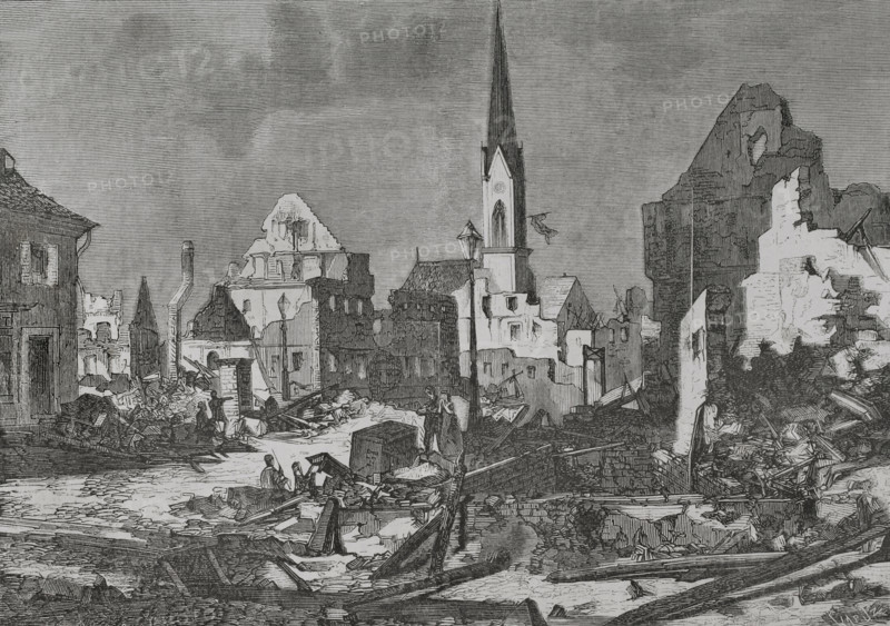Franco-Prussian War (1870-71): The main street in Kehl after bombardment by French artillery, 1870.  Creator: Tomás Carlos Capuz.