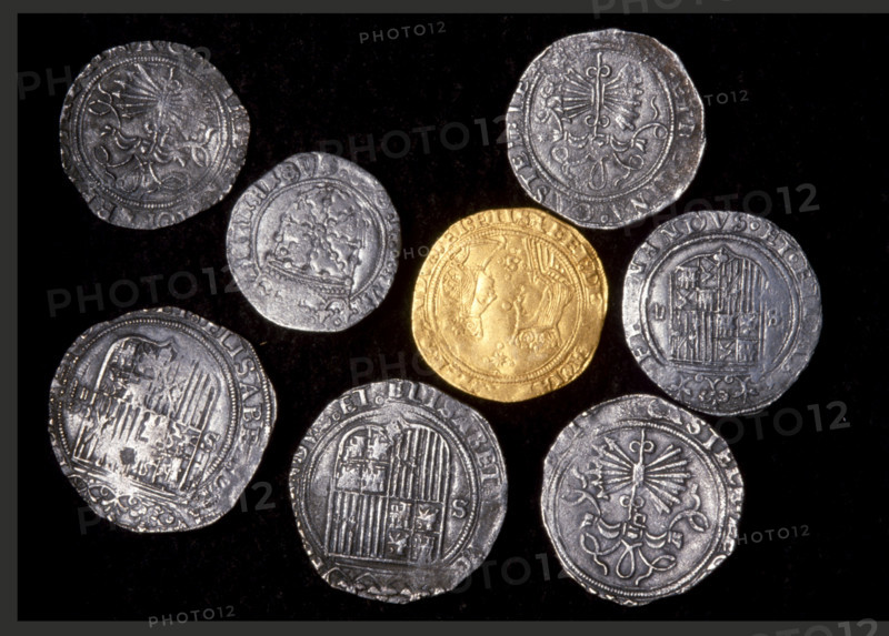 Silver coins and gold doble excelente of Ferdinand and Isabella, Spanish, c1479-1504. UPSIDE DOWN Creator: Unknown.