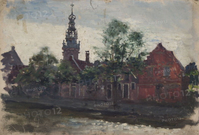 View of a red-brick building with minaret, mid-late 1870s. Creator: George Clausen.