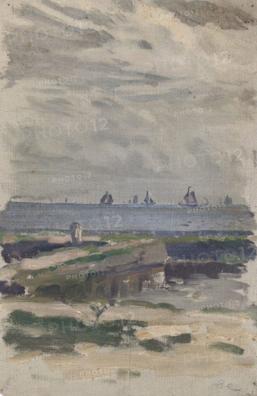 Study of a beach with a view out to sea and sailing boats, (Holland), mid-late 1870s. Creator: George Clausen.