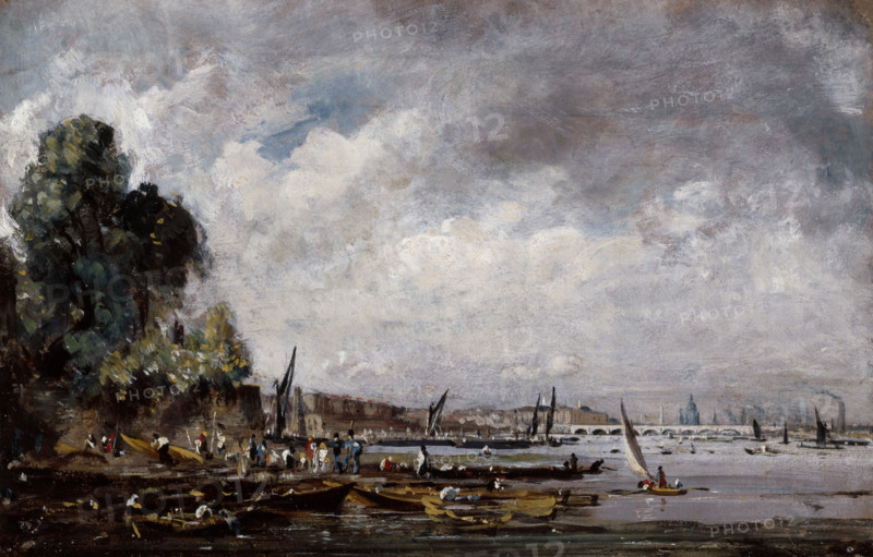 Waterloo Bridge from the left bank of the Thames, c1820. Creator: John Constable.